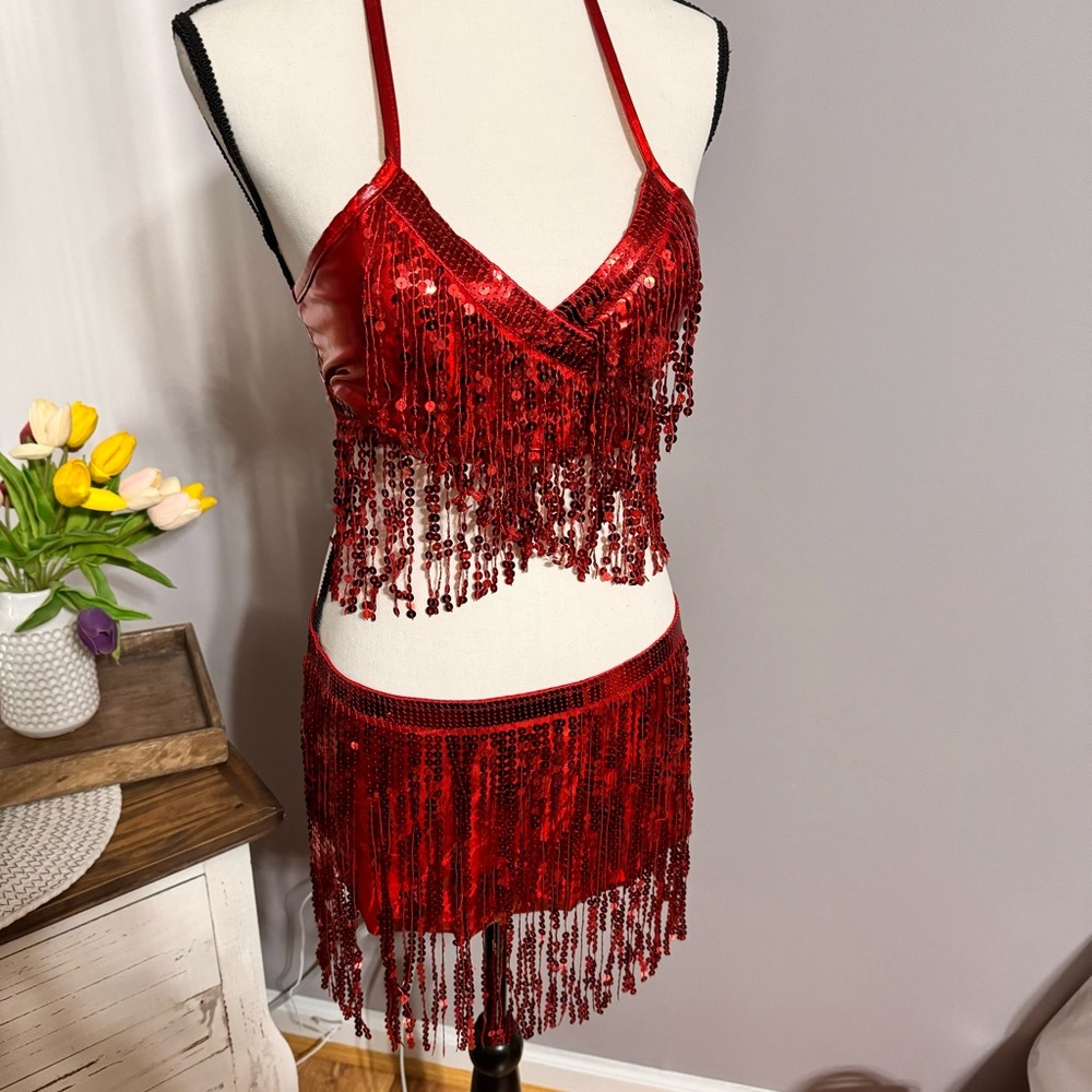 3 piece Red Shimmer dance outfit Small